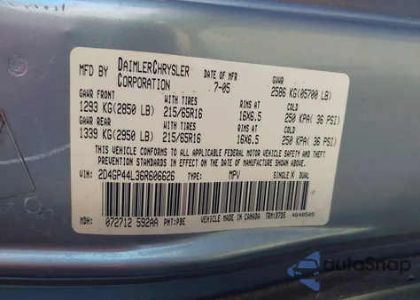 2006 Dodge Grand Caravan Sxt z USA, uszkodzony, nr VIN 2D4GP44L36R606626